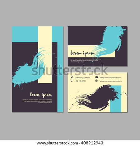 Set of grunge business cards with geometric shapes and hand drawn textures.  Template for brochures, posters, flyers, placards, and banners. Pastel turquoise, black, white colors. Vector illustration.