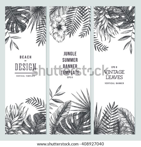 Tropical palm leaves. Vertical banner set. Vector illustration Royalty-Free Stock Photo #408927040