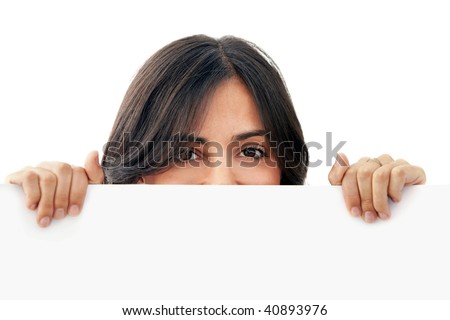 Woman holding a banner isolated over a white background