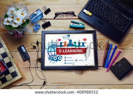 Online e-learning design concept and group of people on wooden office desk. Online e-learning concepts for business, consulting, finance, management.  