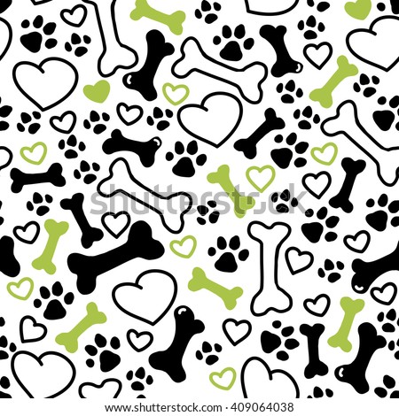 Vector seamless flat hand drawn dog pattern with bones, hearts, paw trace different sizes isolated on white background. Packaging paper design, pet food accessories package.