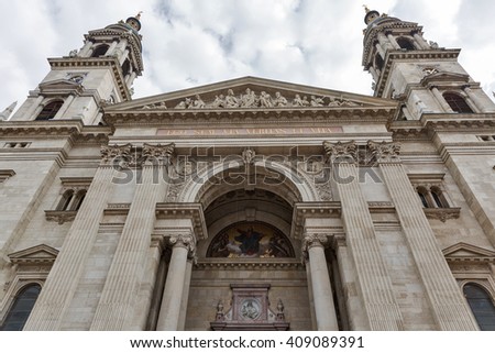 Budapest Basilica of Saint Stephen on a cloudy day, Hungary. It is a Roman Catholic basilica built in neoclassical style.