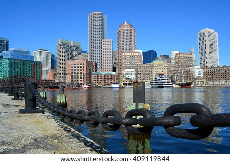 Downtown Boston skyline as viewed from the Fan Pier Harborwalk.