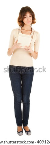 young girl with book in hand on a white background