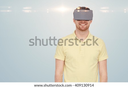 3d technology, virtual reality, entertainment and people concept - happy young man with virtual reality headset or 3d glasses over gray background