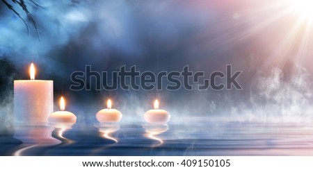 Meditation In Spiritual Zen Scenery - Candles On Thermal Water
