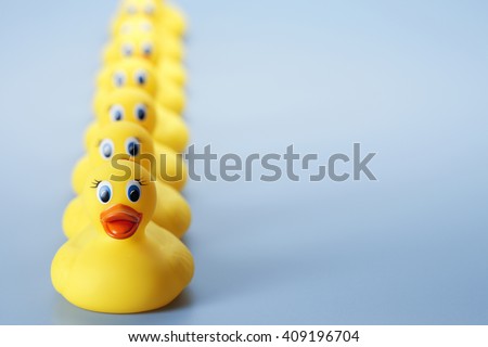 A row of yellow rubber ducks on a blue background. The focus is on the front rubber duck.