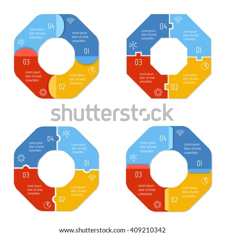 Set of four connected polygonal infographic diagram. Circular charts with 4 options. Paper progress steps for tutorial with 4 parts. Isolated business concept sequence banners. EPS10 workflow layouts.