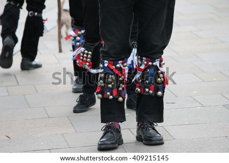 Ribbons and bells on Morris dancers legs while dancing stock, photo, photograph, image, picture, 