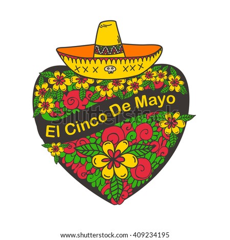Cinco De Mayo poster with hand drawn heart flowers and sombrero. 