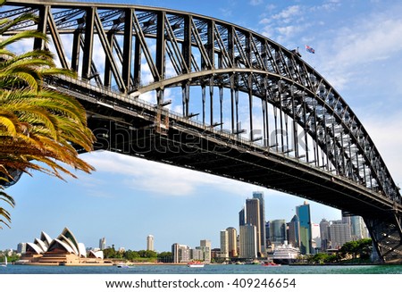 Sydney harbour bridge viewed from Milsons point in Sydney, Australia. Royalty-Free Stock Photo #409246654