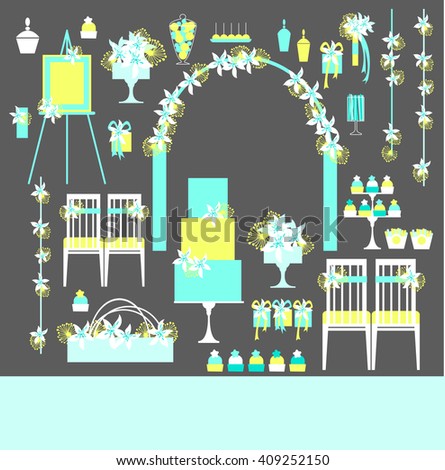 Background with  decorative wedding elements . Chairs, cake, arch, flowers. Blue and yellow colors. Vector illustration.