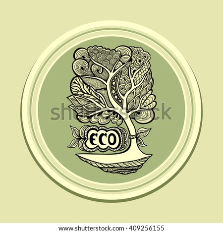 Badge or icon  with Zen tangle or Zen doodle in tree green olive in circle or template emblem or symbol  ecology  or creative concept ecological researches  or scientific eco conference