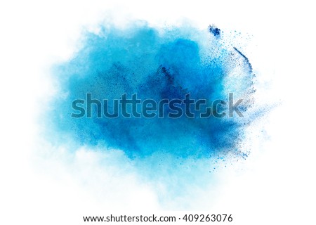 Powder explosion. Closeup of a blue dust particle explosion isolated on white. Abstract background Royalty-Free Stock Photo #409263076