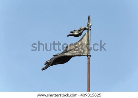 close-up fragment of a rider monument in Yelabuga city park on a background of blue sky