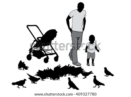 Father walks with the baby in the stroller. They feed the pigeons. Silhouette on a white background.
