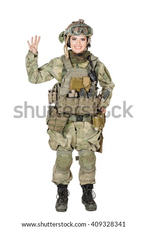 portrait of young soldier woman in green uniform showing  fingers. Hand counting. isolated on white background. business and lifestyle concept