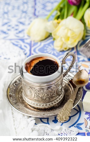 turkish coffee on ornament background. selective focus