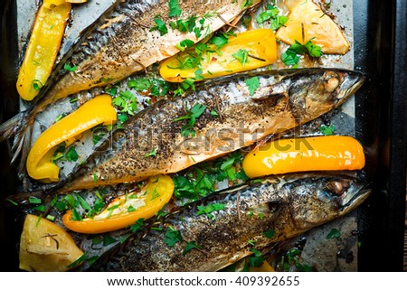 Delicious roasted sea fish. Healthy food, diet or cooking concept
