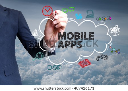 businessman hand draw cloud , icon cartoon with MOBILE APPS  text 