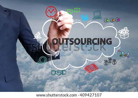businessman hand draw cloud , icon cartoon with OUTSOURCING   text 