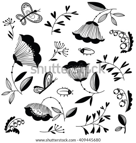 Doodle floral decorative design elements set with bugs and butterfly, vector illustration collection
