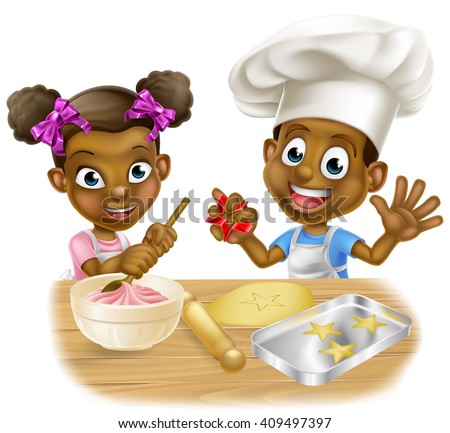 Cartoon boy and girl kids dressed as chefs baking cakes and cookies