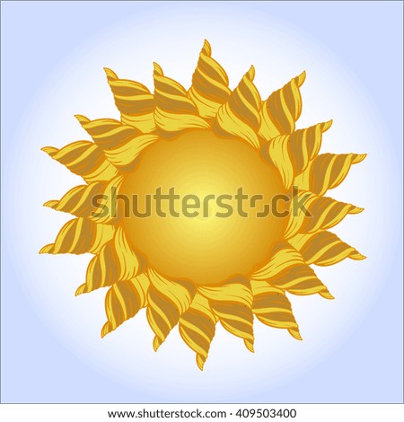 Vector illustration of the sun sketch. Postcard sun with rays of the whorls.