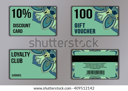 Set of cards with floral mandala pattern including a discount card, loyalty card, gift voucher. Front page and back page. Vector coupon with round floral ornament on background.