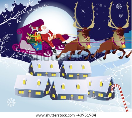 Santa Claus and sledge with presents. Vector illustration