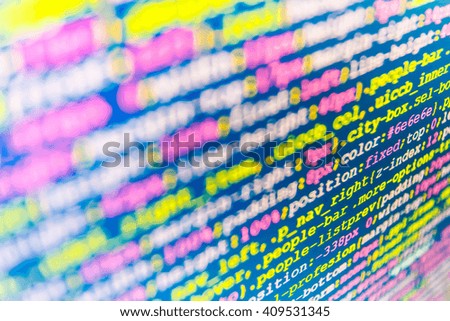 Website codes on computer monitor. Technology background. Monitor photo. Software source code. Programming code on computer screen.  Source code photo. Website programming code. 
