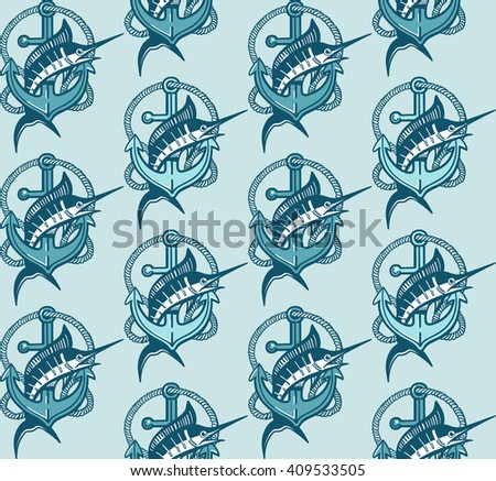 Pattern with swordfish and anchor in blue colors