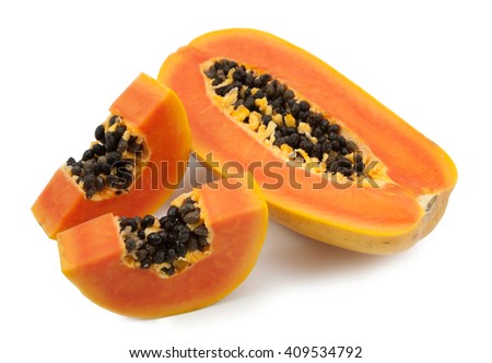 slices of sweet papaya on white background