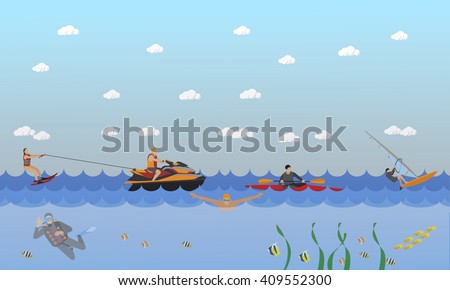 Water sport concept. Horizontal vector banner. Flat cartoon illustration. Water ski, kayaking, wind surfing, diving,