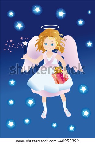 little girl in the suit of angel with a gift and magic stick