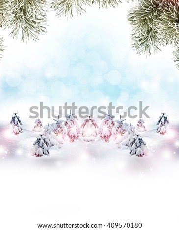 Winter landscape. Snow covered trees. christmas background