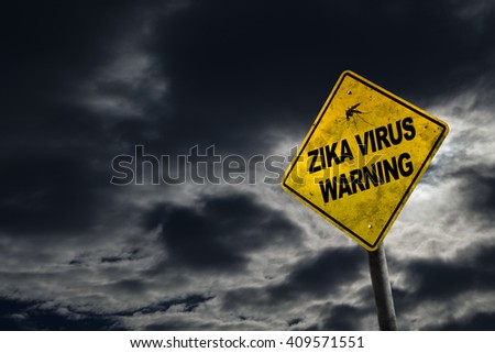 Zika virus warning sign against a stormy background with dirty and angled sign for drama.