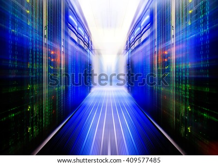 fantastic symmetric data center room with a binary code penetrating supercomputers Royalty-Free Stock Photo #409577485