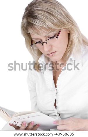 The young woman reads the book on a white background