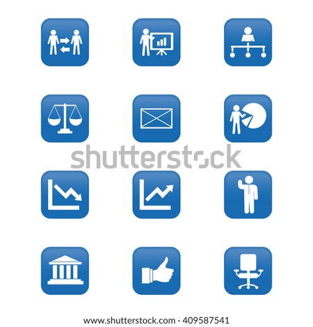 Set of blue buttons with different business icons on a white background