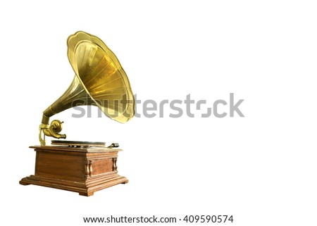retro old gramophone with horn speaker for playing music over plates isolated on white
