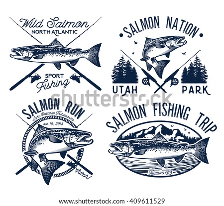 Vintage Salmon Fishing emblems, labels and design elements.  Vector illustration.