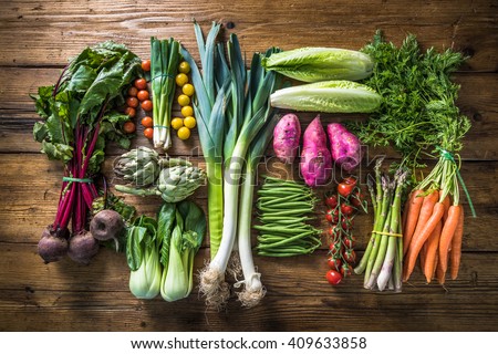 Local market fresh vegetable, garden produce, clean eating and dieting concept Royalty-Free Stock Photo #409633858