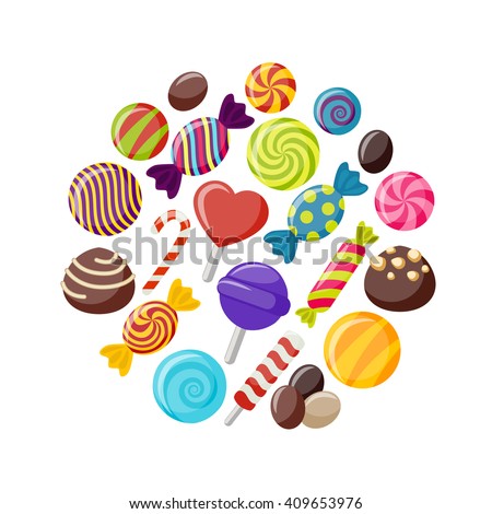 Sweet candies flat icons set in shape of circle with assorted chocolates colorful lollipops isolated vector illustration Royalty-Free Stock Photo #409653976