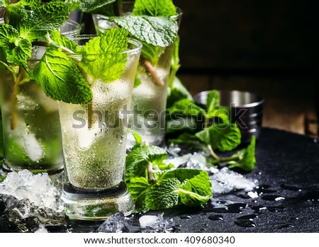 Alcoholic cocktail with vodka, mint tea, lemon juice, ice, sugar syrup and fresh peppermint, black background, selective focus