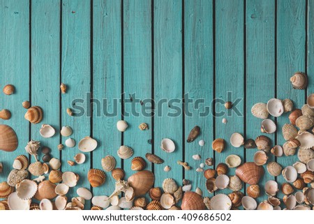 Pattern made of sea things on wooden background. Flat lay.