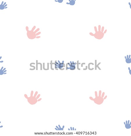 Modern kids soft colored seamless pattern with hand print and handprint. Hand drawn graphic with tender cute minimalistic scandinavian cartoon elements isolated on white background