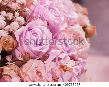 Vintage Retro Tone of Beautiful Rose at The Corner of The Big Bouquet of Flowers in The Vase for Interior, Selective Focus with Copy Space to input Text
