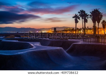 Sunset at Venice Beach Skate Park in Los Angeles.