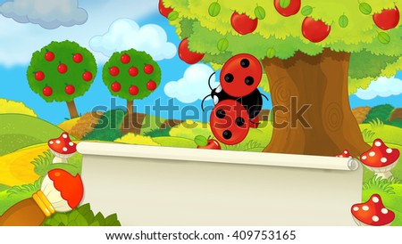 Cartoon rural scene with fields in distance and apple tree - with space for text - illustration for children